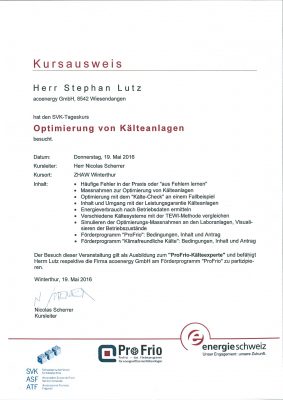 Zertifikat ProFrio Kälteexperte "Optimierung von Kälteanlagen"